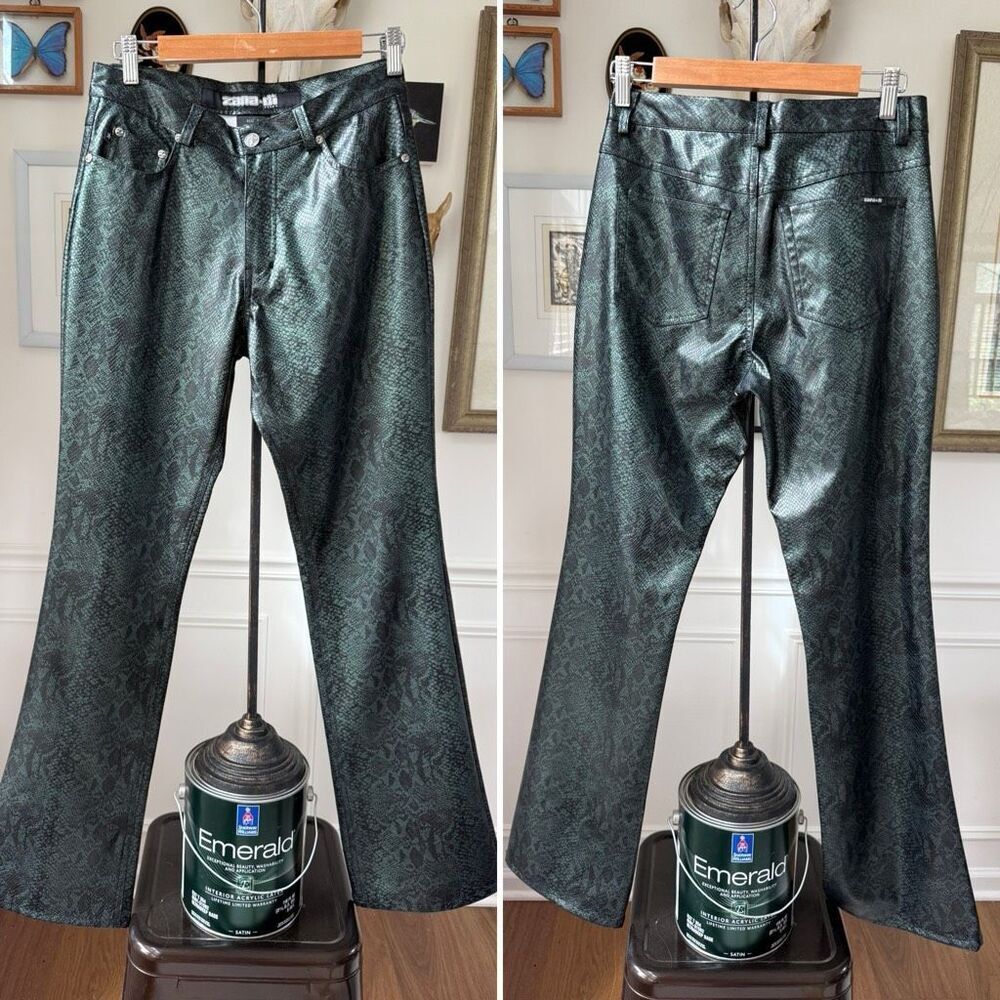 Vintage 90s Zana Di Boot Cut Flare PU Green Python Snake Print Jeans Pants 5 6